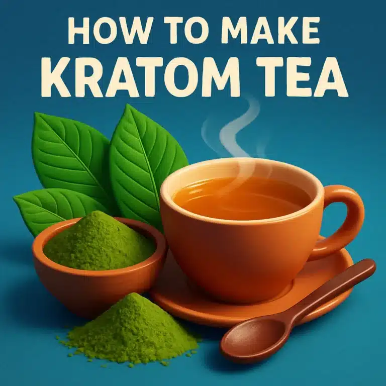 Featured image of a steaming cup of kratom tea with kratom leaves and powder, styled as a step-by-step guide visual.