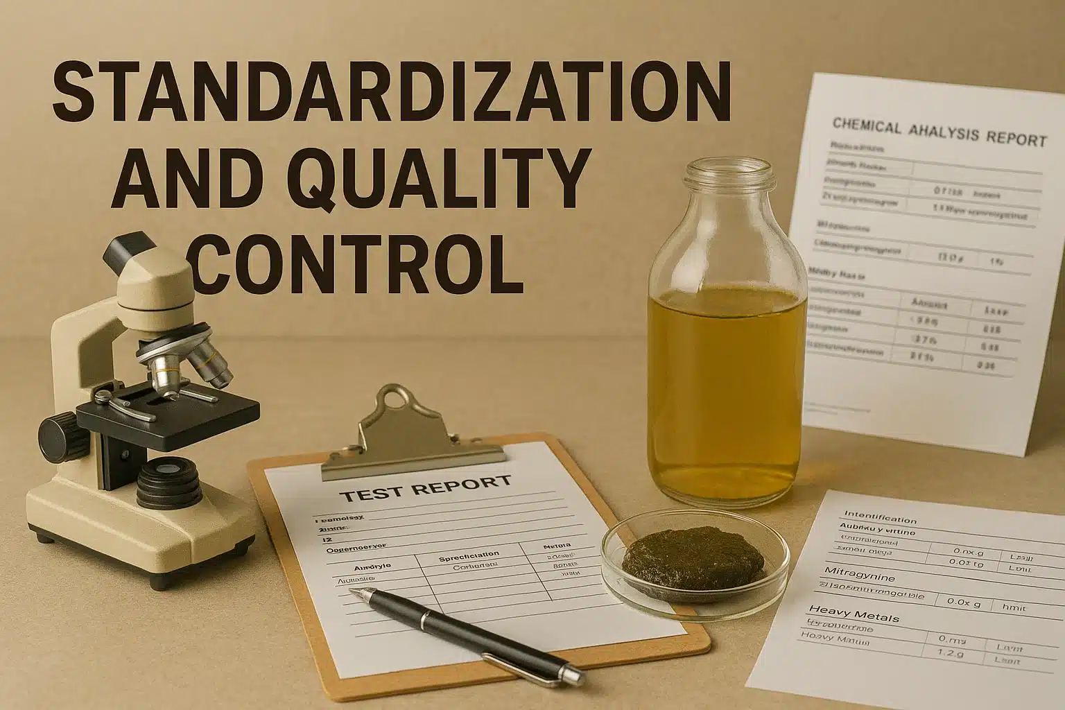 The Process and Potential of Kratom Resin: Comprehensive Guide and Insights 4 "Infographic image titled 'Standardization and Quality Control' featuring a microscope, clipboard with test report, bottle of kratom extract, petri dish with resin sample, and printed chemical analysis reports."