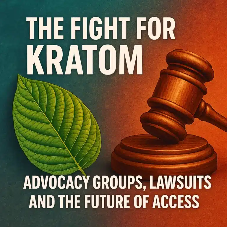 "Featured image titled 'The Fight for Kratom: Advocacy Groups, Lawsuits and the Future of Access,' showing a kratom leaf on the left and a judge’s gavel on the right against a split blue and red background."