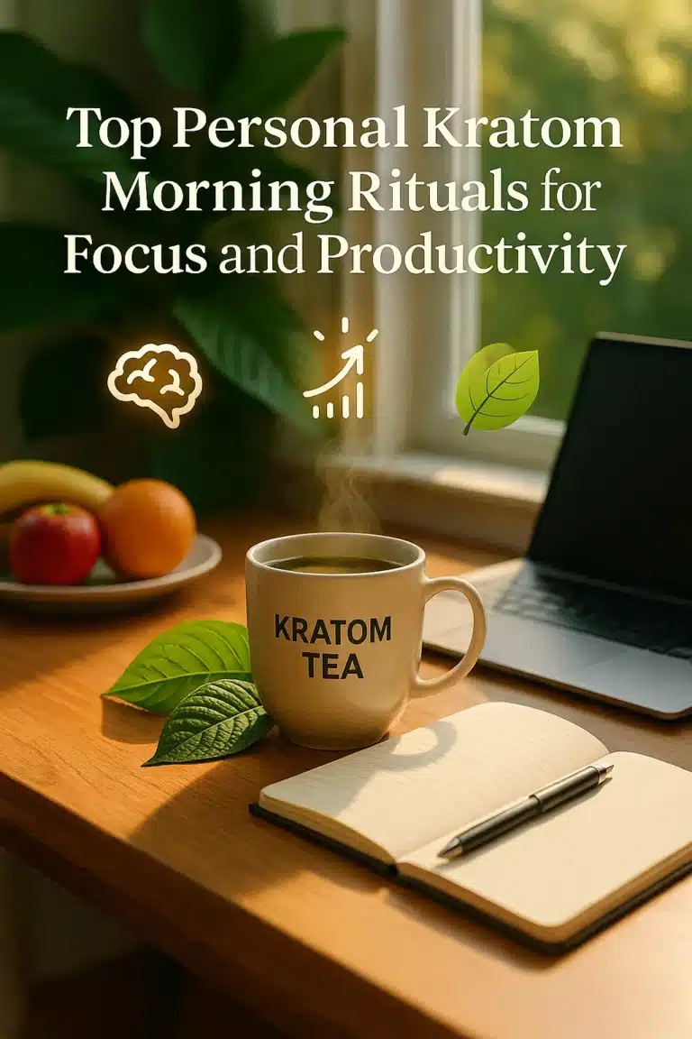A lifestyle image with the title “Top Personal Kratom Morning Rituals for Focus and Productivity.” A steaming beige mug labeled “Kratom Tea” sits on a wooden desk beside a notebook and pen, with a laptop in the background. Fresh kratom leaves rest near the cup, while fruit (apples, orange, and banana) are on a plate in the corner. Sunlight streams through a window, creating a calm and productive morning atmosphere. Floating icons of a brain, upward arrow, and leaf emphasize focus, growth, and natural wellness.