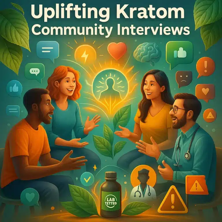 "Illustration of four diverse people in a friendly group discussion, symbolizing uplifting community interviews about kratom. The background features icons like a heart, brain, chat bubbles, warning signs, and a glowing figure inside a lightbulb representing wellness and shared experiences. Green kratom leaves and a bottle labeled 'Lab Tested' are placed in the foreground, highlighting kratom and community support."