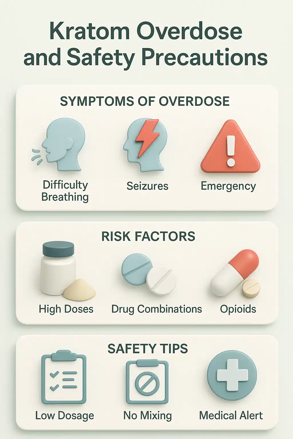 Kratom and Nutrition: Foods That Support or Interfere with Effects 7 3D-style infographic illustrating "Kratom Overdose and Safety Precautions" divided into three sections. Symptoms of Overdose: Icons for difficulty breathing, seizures, and emergency warning. Risk Factors: Images of a powder bottle for high doses, two pills for drug combinations, and capsules for opioids. Safety Tips: Icons include a checklist for low dosage, a no-mixing symbol, and a medical alert symbol.