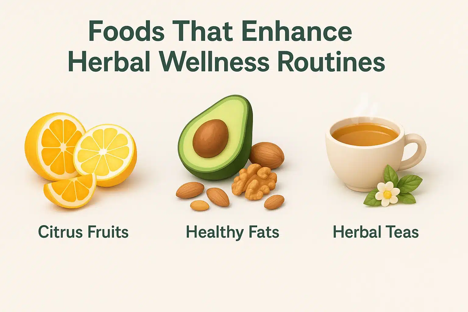 Kratom and Nutrition: Foods That Support or Interfere with Effects 3 Infographic featuring three categories: "Citrus Fruits" with lemons and oranges, "Healthy Fats" with avocado, walnuts, and almonds, and "Herbal Teas" with a steaming cup of tea and chamomile flower. The title reads "Foods That Enhance Herbal Wellness Routines."